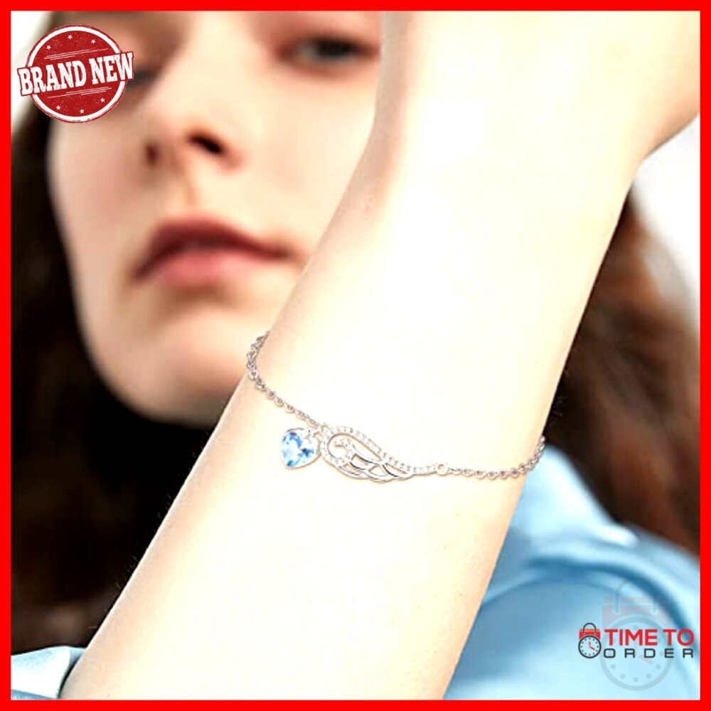 925 Sterling Silver Angel Wing Bracelet Adjustable Heart Birthstone Jewelry Gift - Picture 4 of 7